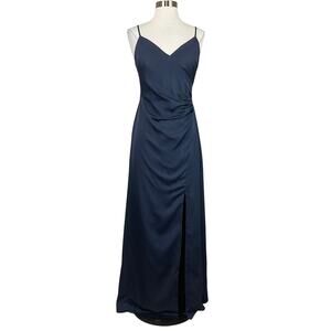 AQUA Women's Formal Dress Size 10 Blue Satin Cut Out Back Thigh Slit Long Gown